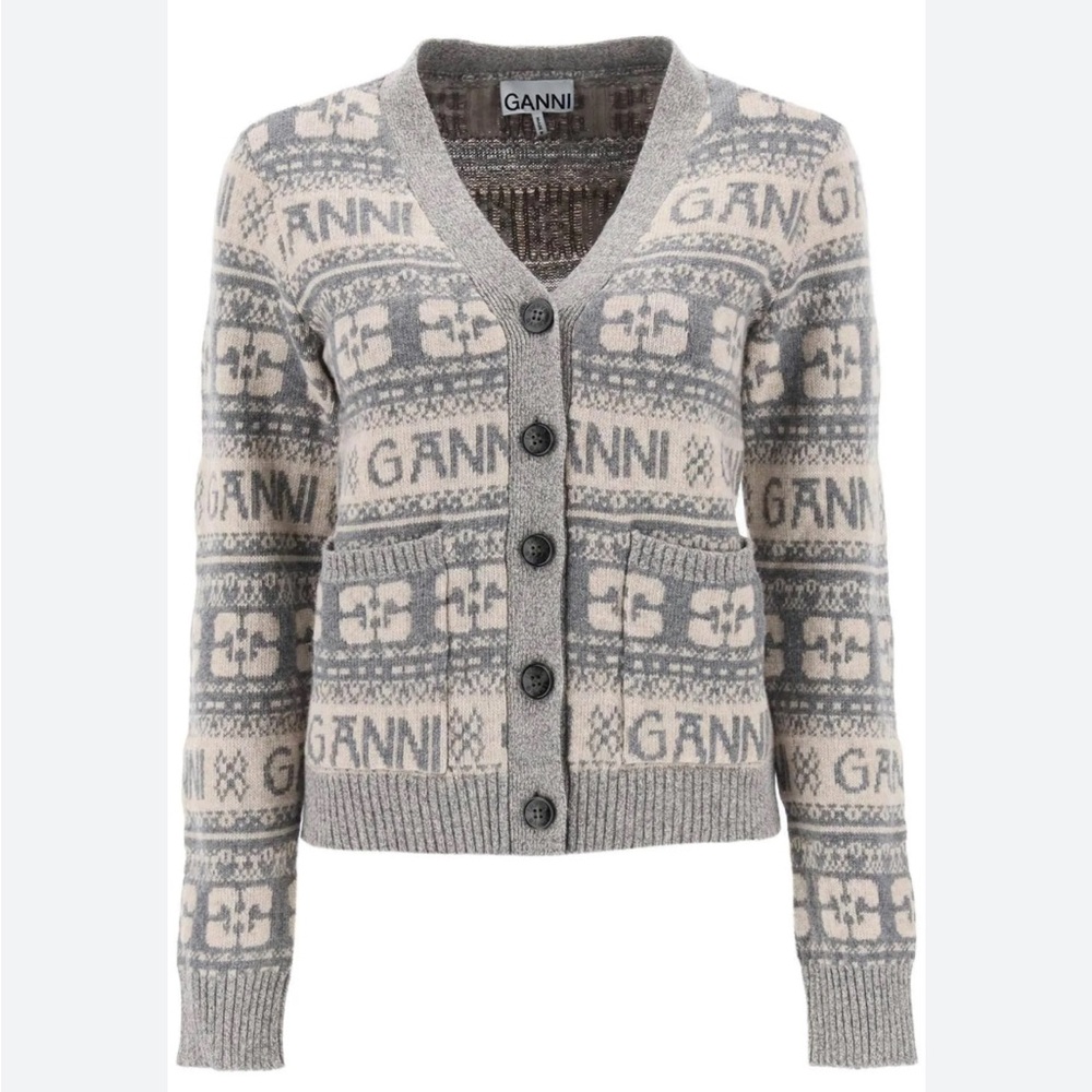 EUC- Ganni GREY LOGO WOOL MIX CARDIGAN Sz XXS